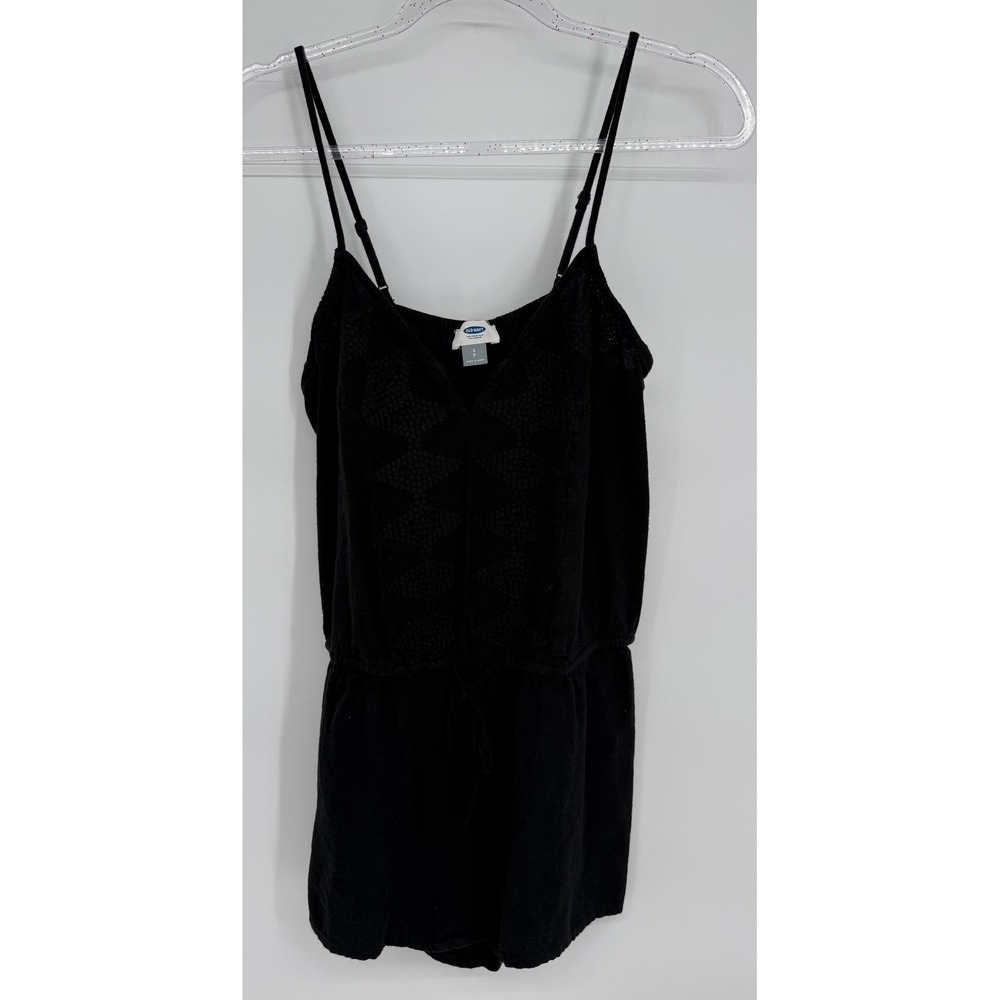 Old Navy Womens Black Linen Blend Embroidered V-Neck Romper Sz S Petite